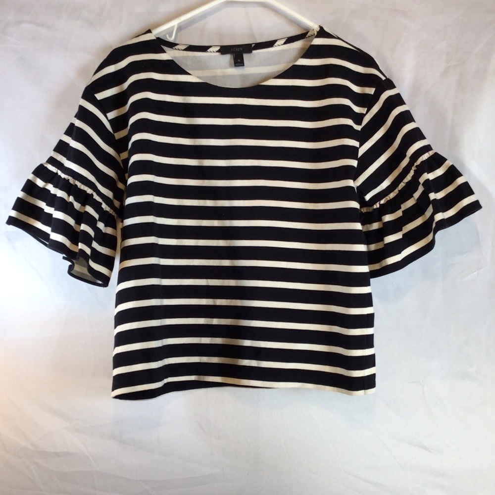 J Crew Black White  Stripe Ruffle Sleeve Top Medium Preppy Nautical Coastal